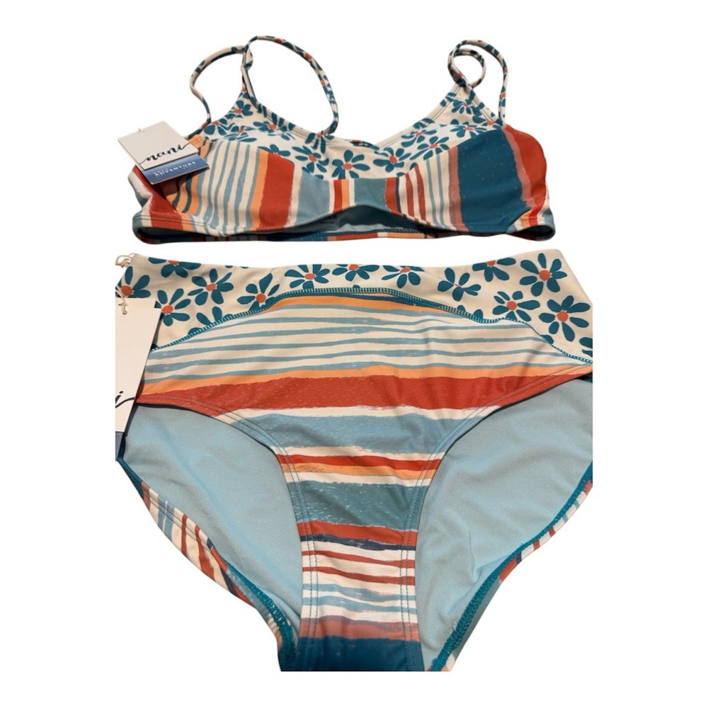 NANI Swimwear Women Floral Stripe Two-Piece Bikini Set Blue & Orange Underwire - Picture 2 of 8